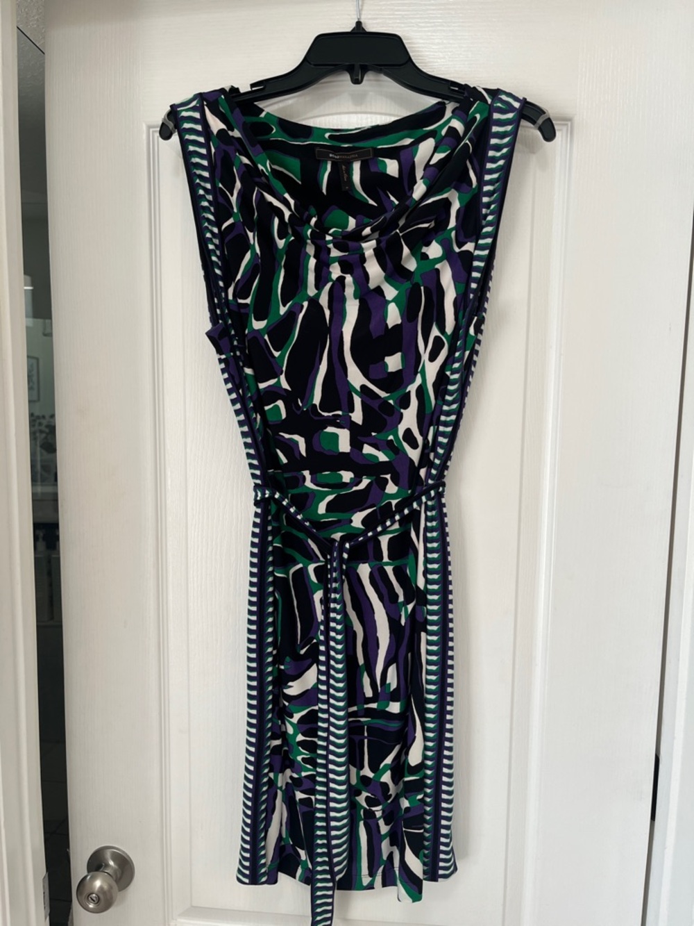 BCBGMaxAzria Sleeveless Printed Belted Dress in Black, Green & Purple, M